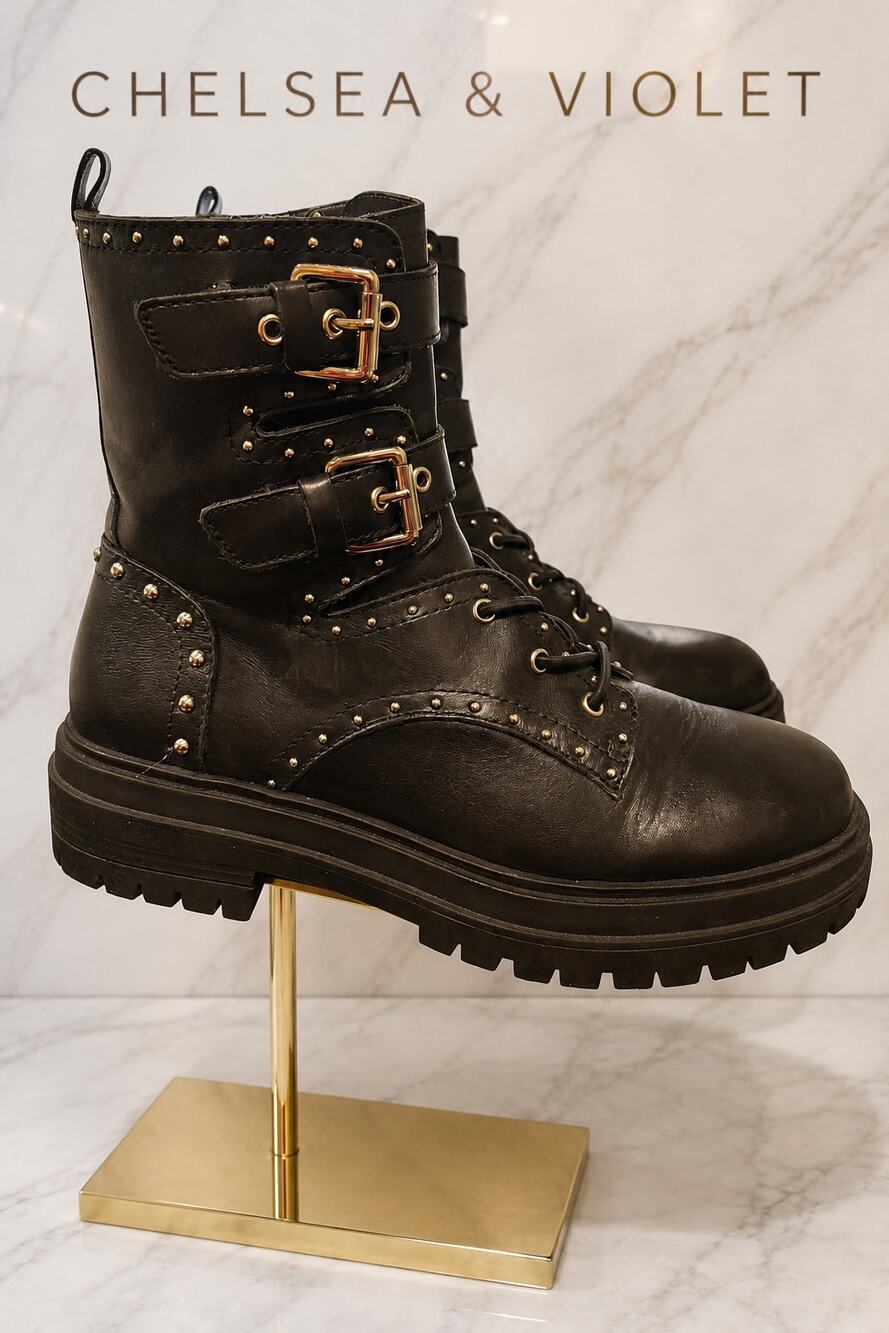 Chelsea & Violet Rhea Studded Leather Combat Boots Black Women’s 8M
